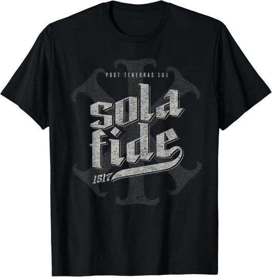 Sola Fide Post Tenebras Lux IX Christogram Retro Graphic T-Shirt - T-Shirt | Black