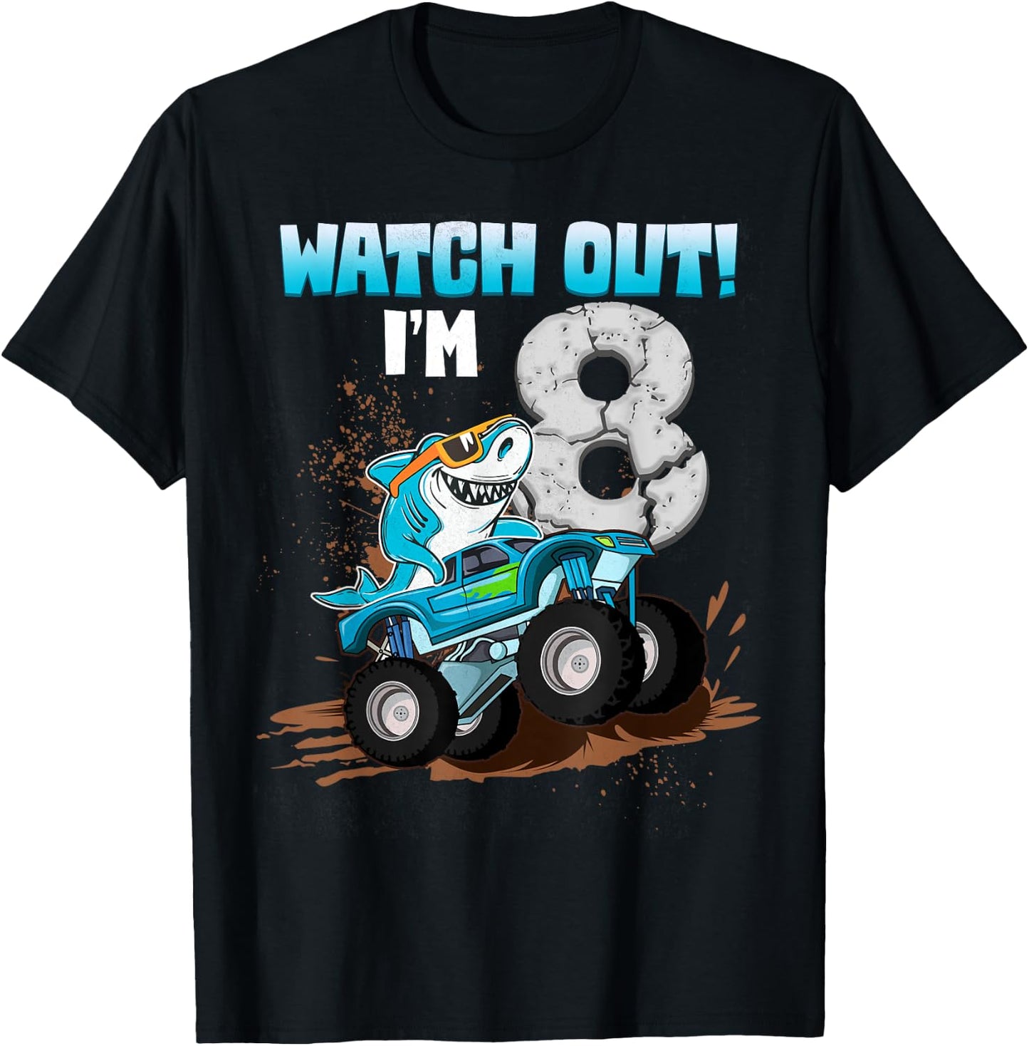 8 Years Old 8th Birthday Shark Boy Girl Monster Truck Gamer T-Shirt - T-Shirt | Black