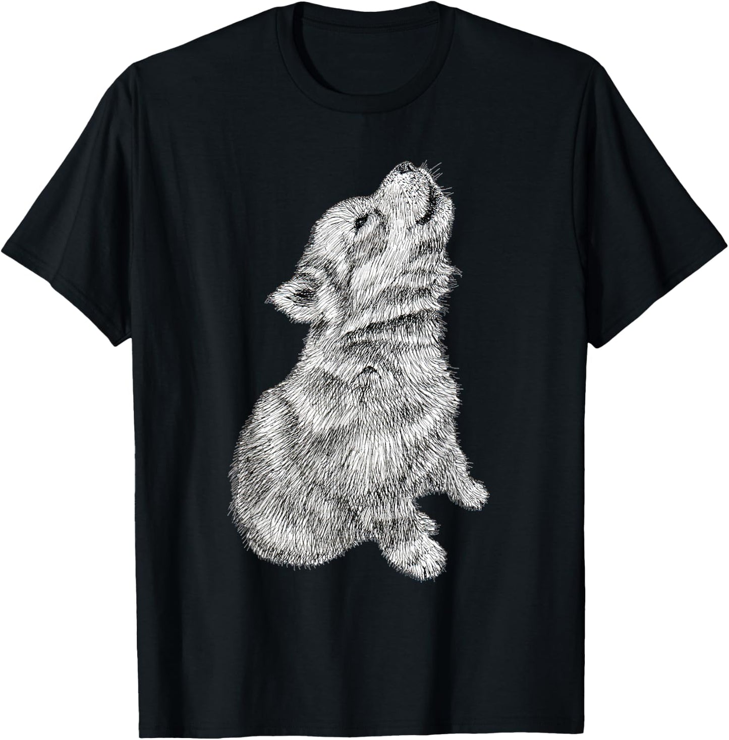 Cute Baby Howling Wolf Cub Sketch T-Shirt - T-Shirt | Black