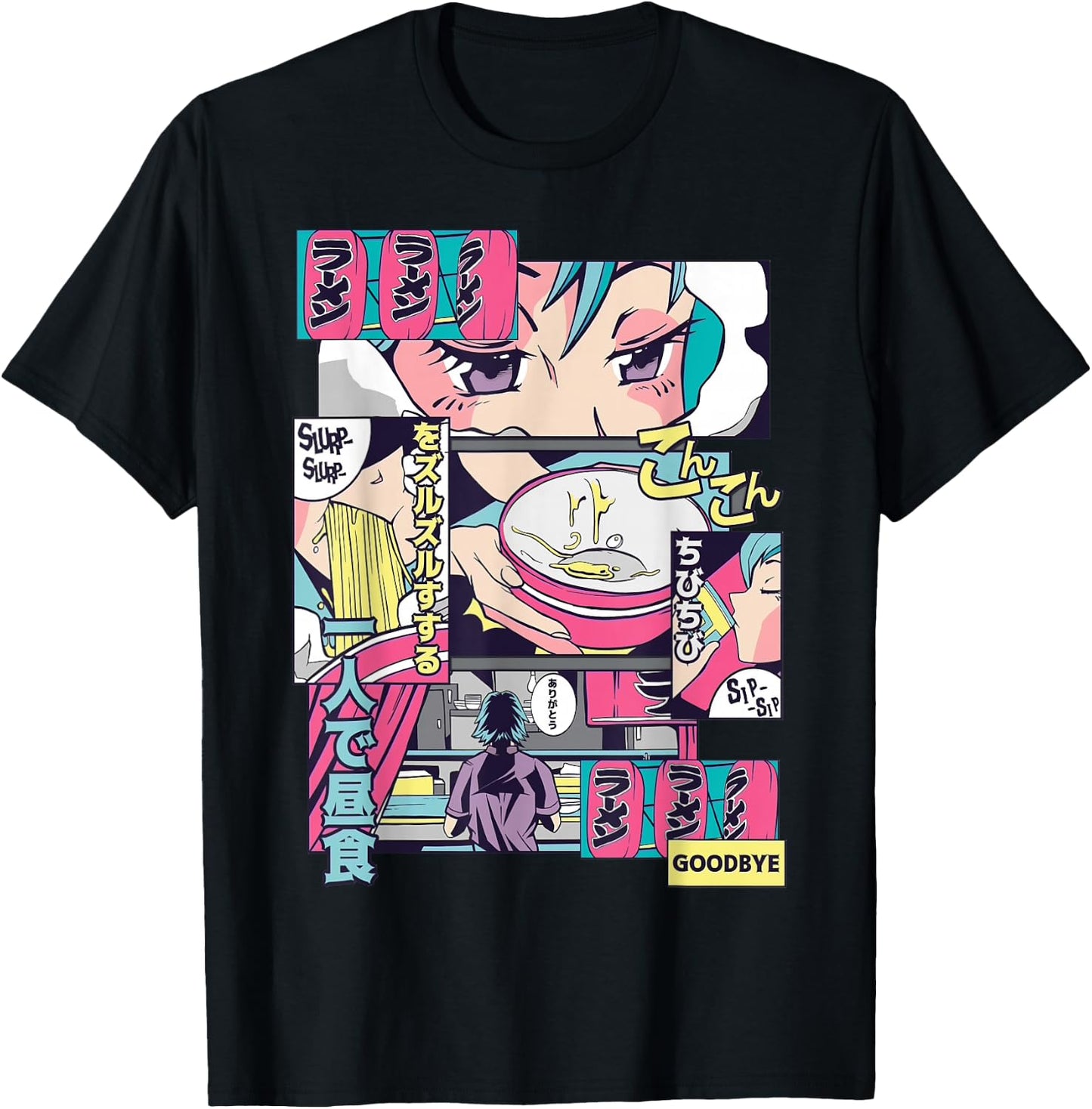 90s Japanese Vintage Kawaii Ramen Anime Manga Girl T-Shirt - T-Shirt | Black