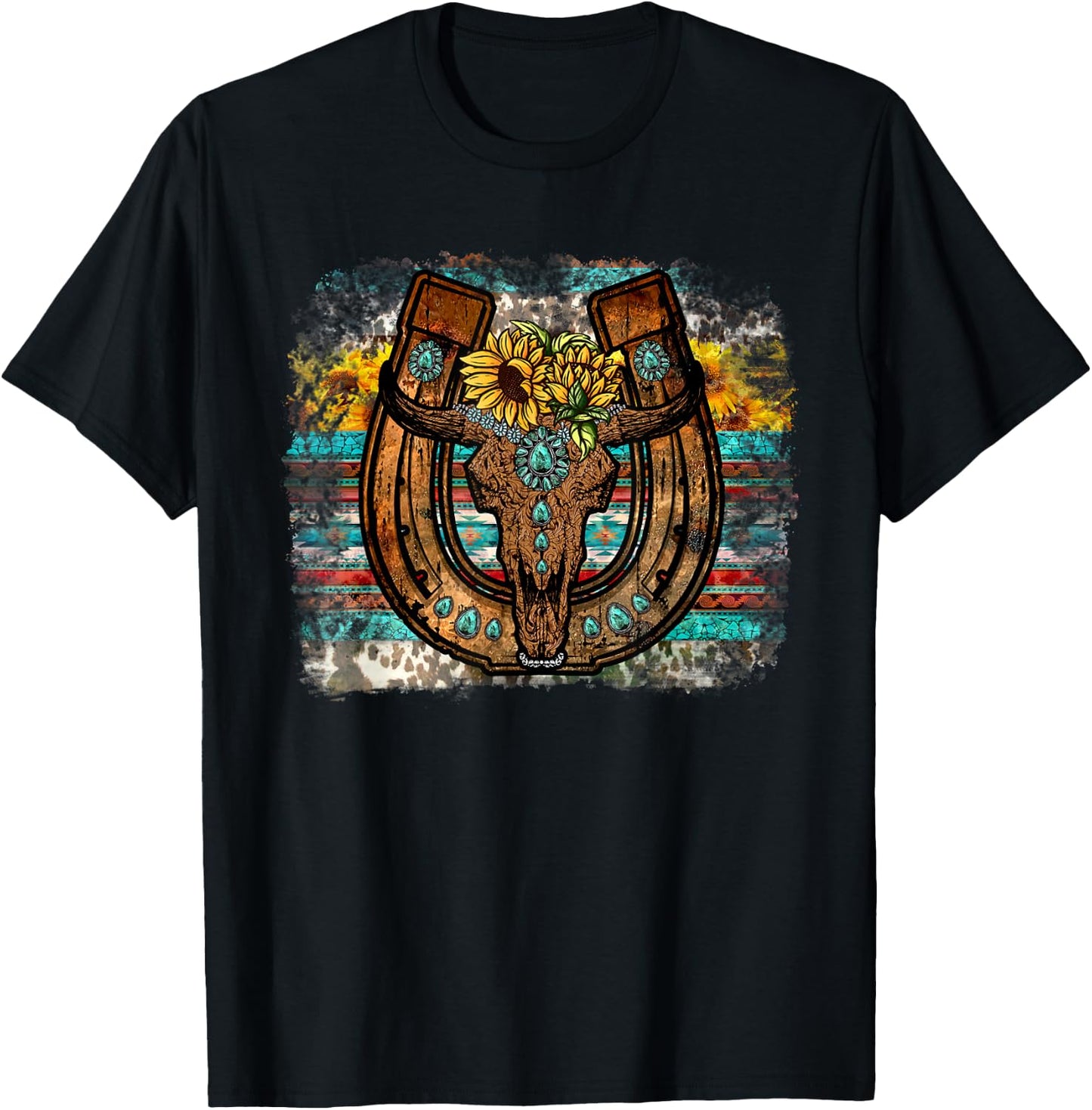 Cute Western Bull Sunflower Horseshoe Country Boho T-Shirt - T-Shirt | Black