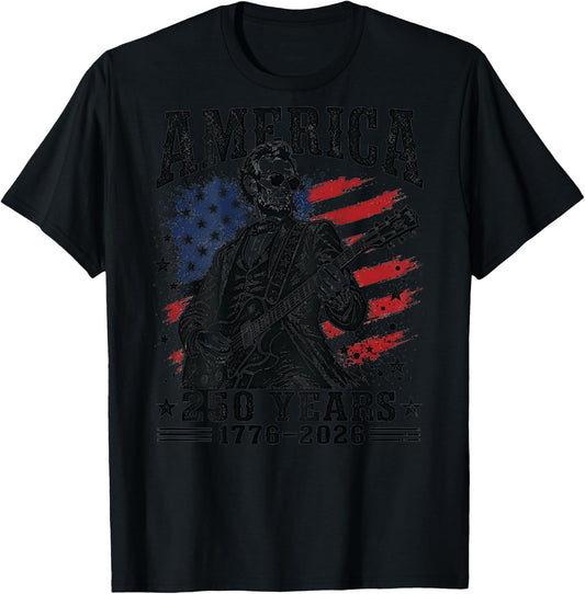 America 250 Years 1776 2026 Abraham Lincoln Rock (on Back) T-Shirt - T-Shirt | Black