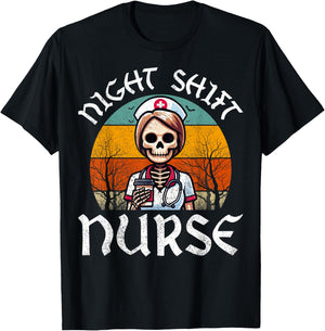 Retro Night Shift Nurse Skeleton Nursing EMT RN Nurses Women T-Shirt - T-Shirt | Black