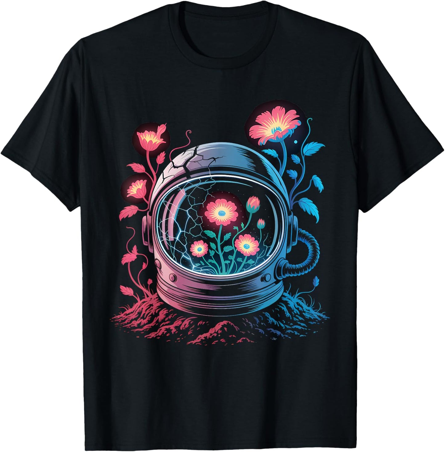 Astronaut Helmet Flowers Space Bloom Art T-Shirt - T-Shirt | Black