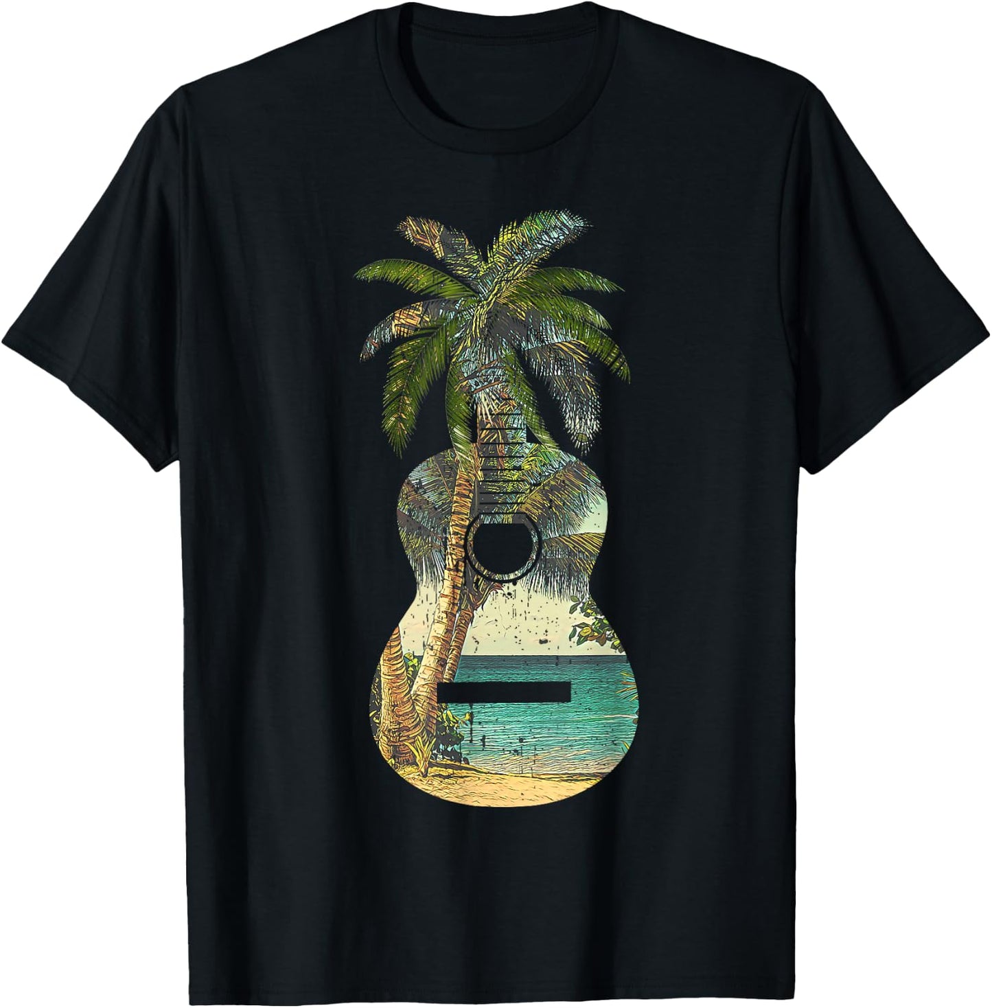 Guitar Lover Beach Palm Trees Vacation Acoustic Music Band T-Shirt - T-Shirt | Black
