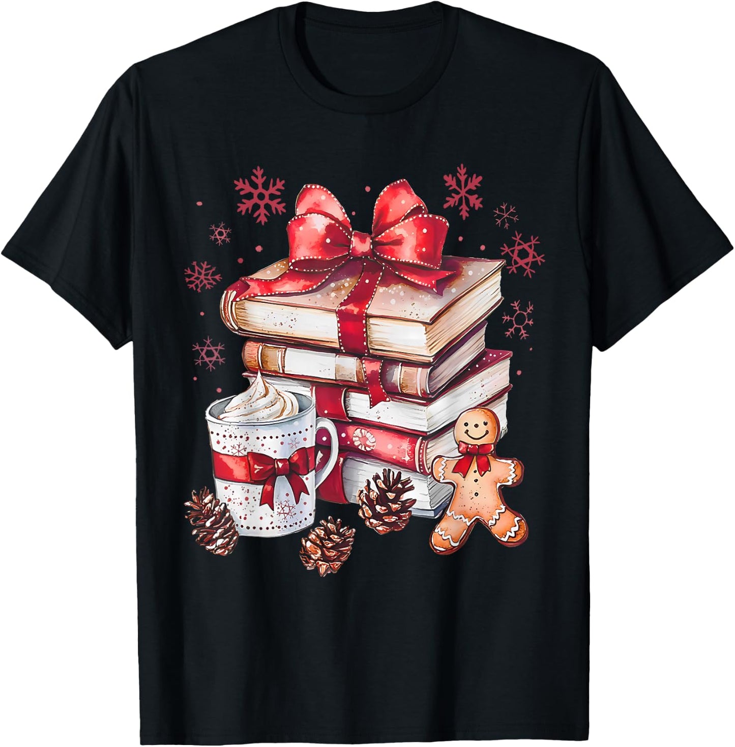 Girly Coquette Gingerbread Books and Hot Cocoa Cozy Season T-Shirt - T-Shirt | Black