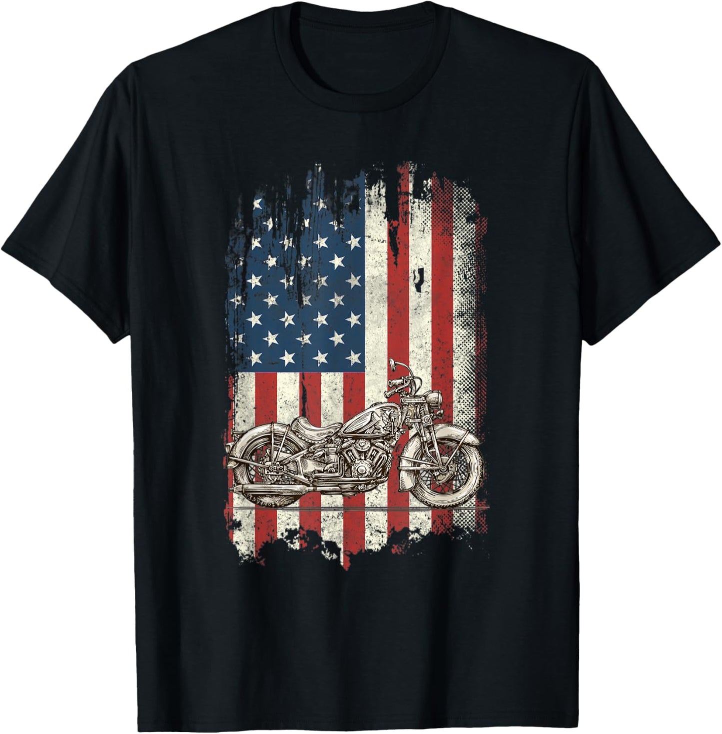 Motorcycle American Flag Distressed Vintage Biker Patriotic Women Kids Men T-Shirt - T-Shirt | Black