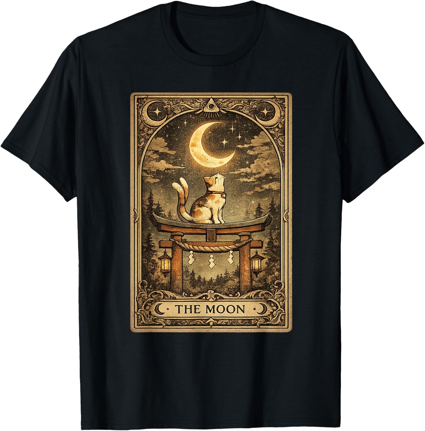 The Moon Tarot Card Nekomata Cat Yokai Japanese Occult Art T-Shirt - T-Shirt | Black