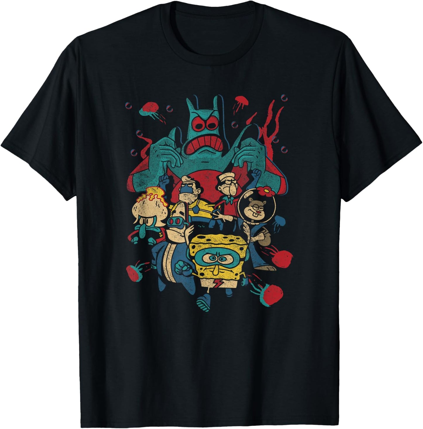 SpongeBob Retro Superhero Group Poster T-Shirt - T-Shirt | Black
