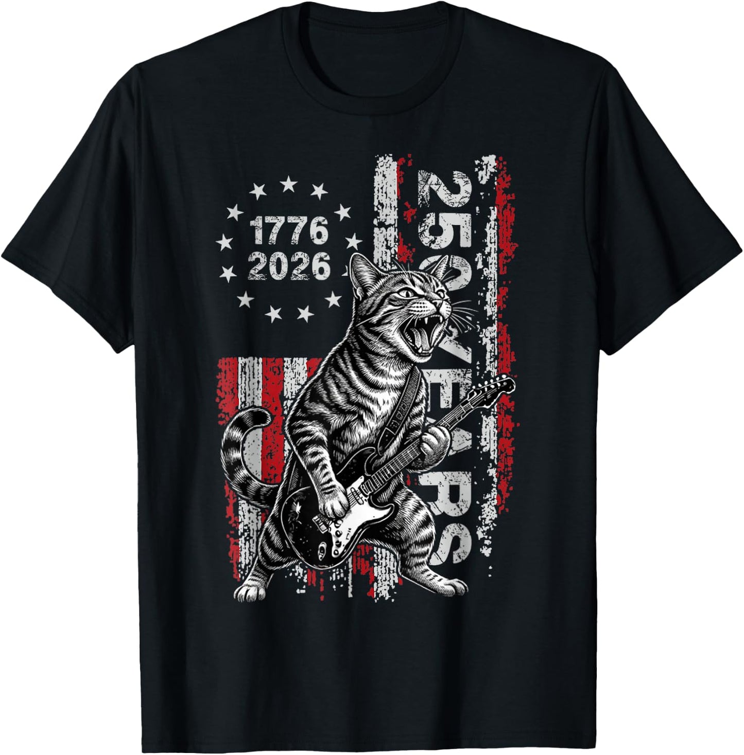 250 Years US Flag Cat Playing Guitar - Funny Patriotic Cat T-Shirt - T-Shirt | Black