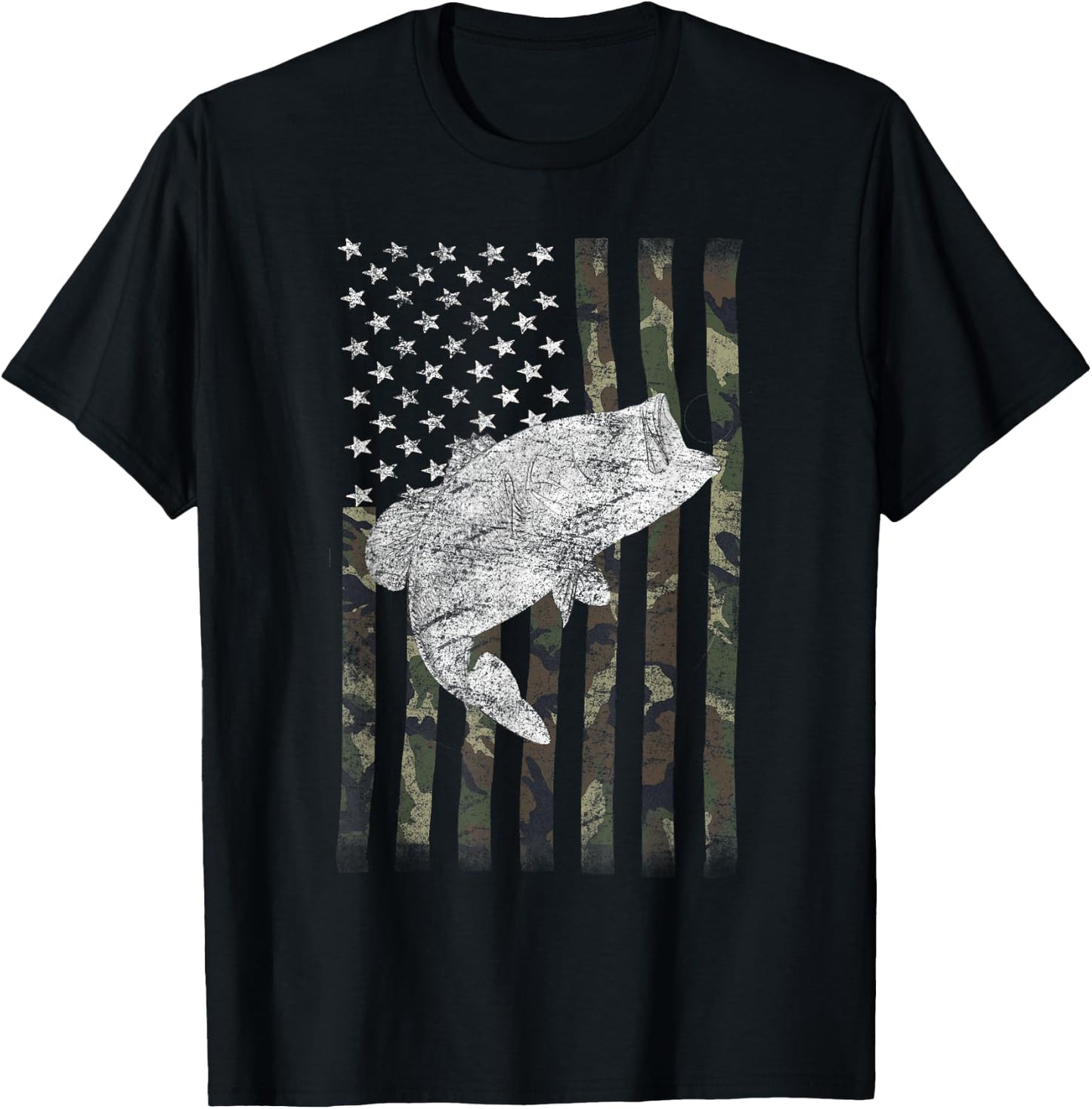 Bass Fishing US American Flag Large Mouth Camo Kids Men T-Shirt - T-Shirt | Black