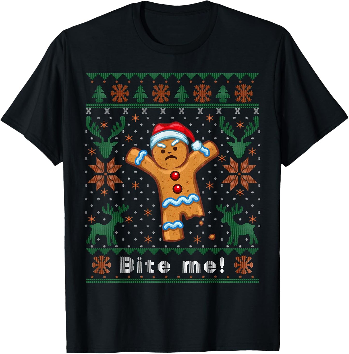 Bite Me Gingerbread Man - Funny Ugly Christmas Sweater T-Shirt - T-Shirt | Black