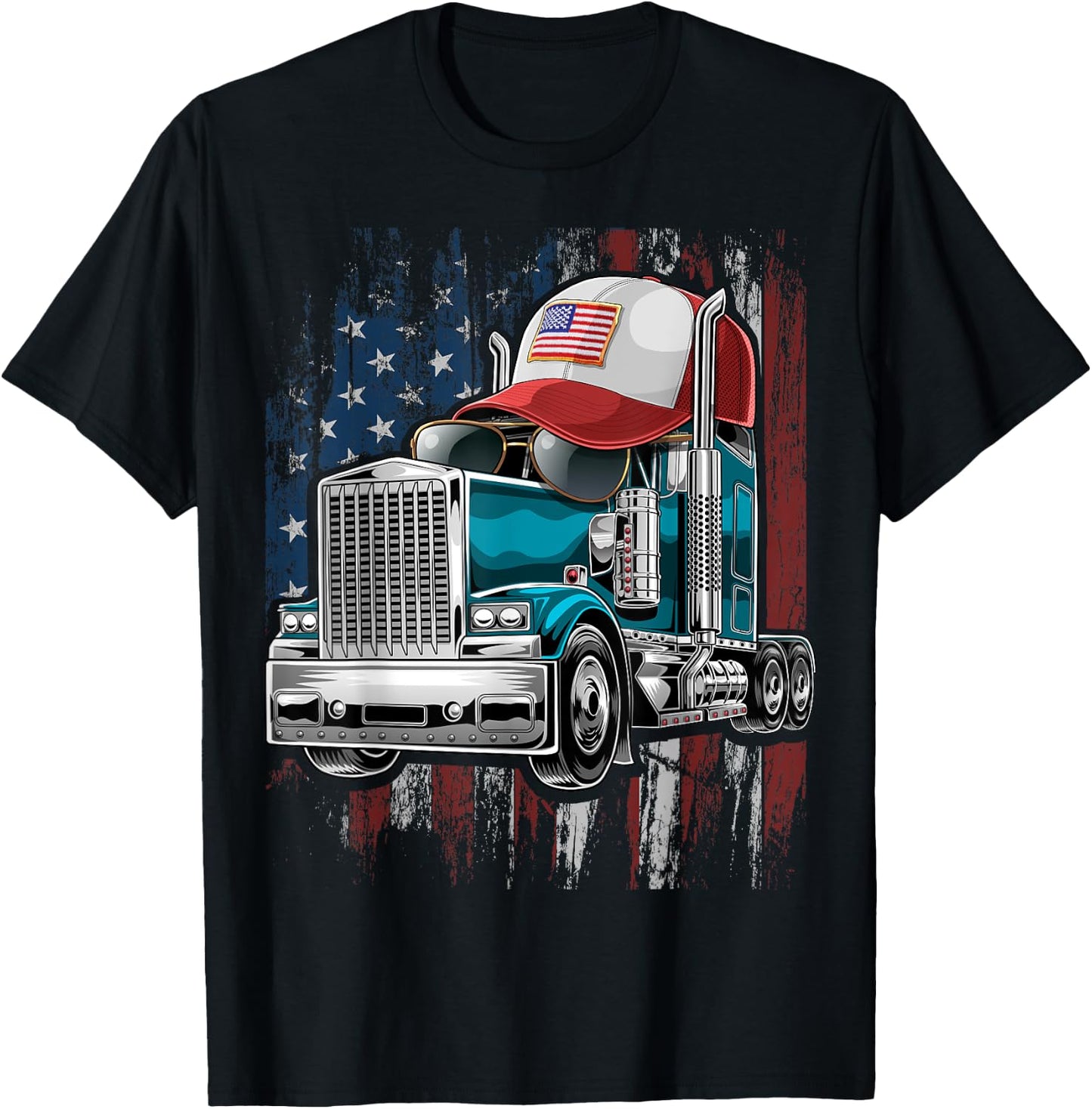 Trucker American Flag Trucker Hat Truck Driver Gift Men T-Shirt - T-Shirt | Black