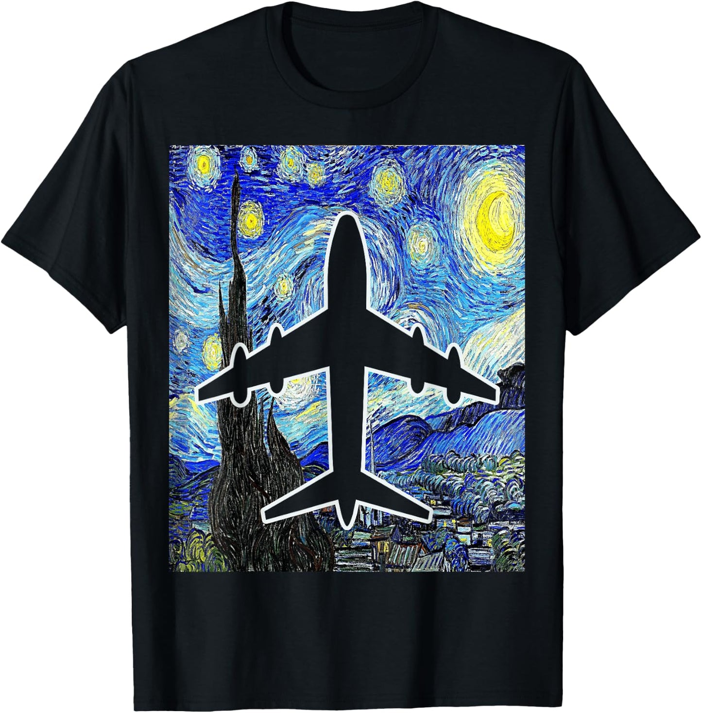 Airplane Starry Night Aviation Airplane Pilot Painting T-Shirt - T-Shirt | Black