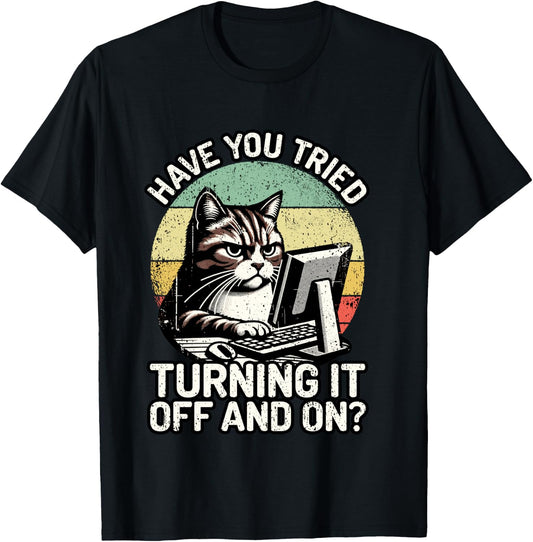 Tech Support Humor I Cat Tech Engineer I Computer IT Guy T-Shirt - T-Shirt | Black
