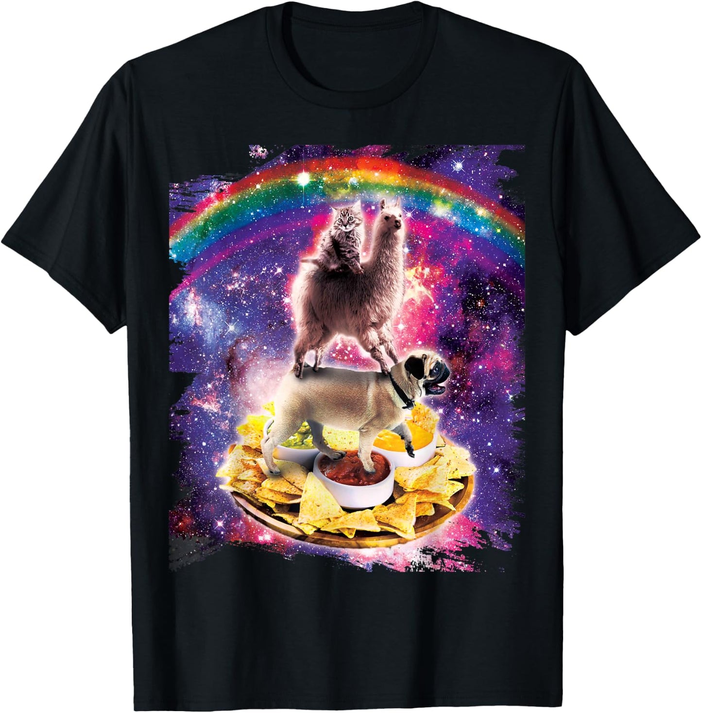 Space Cat Llama Pug Riding Nachos Men Women Kids T-Shirt - T-Shirt | Black