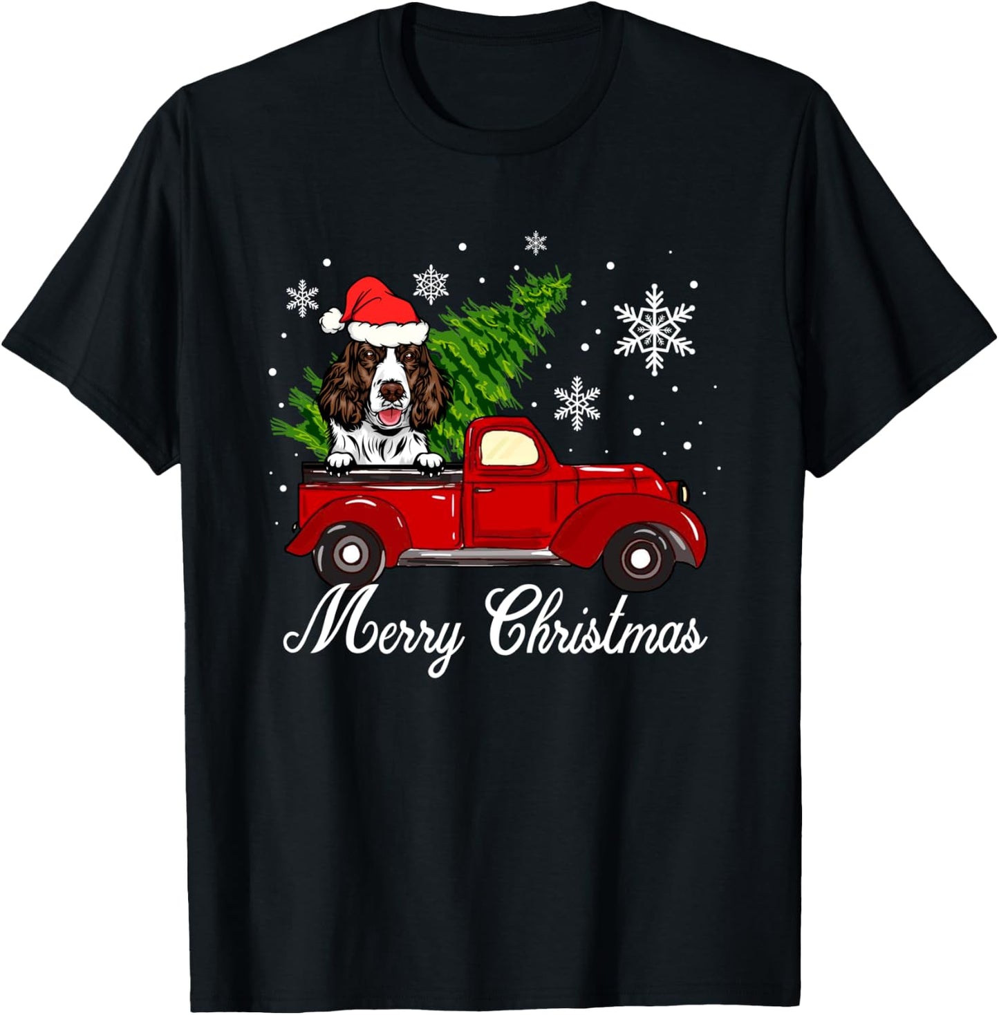 English Springer Spaniel Dog Riding Red Truck Christmas T-Shirt - T-Shirt | Black