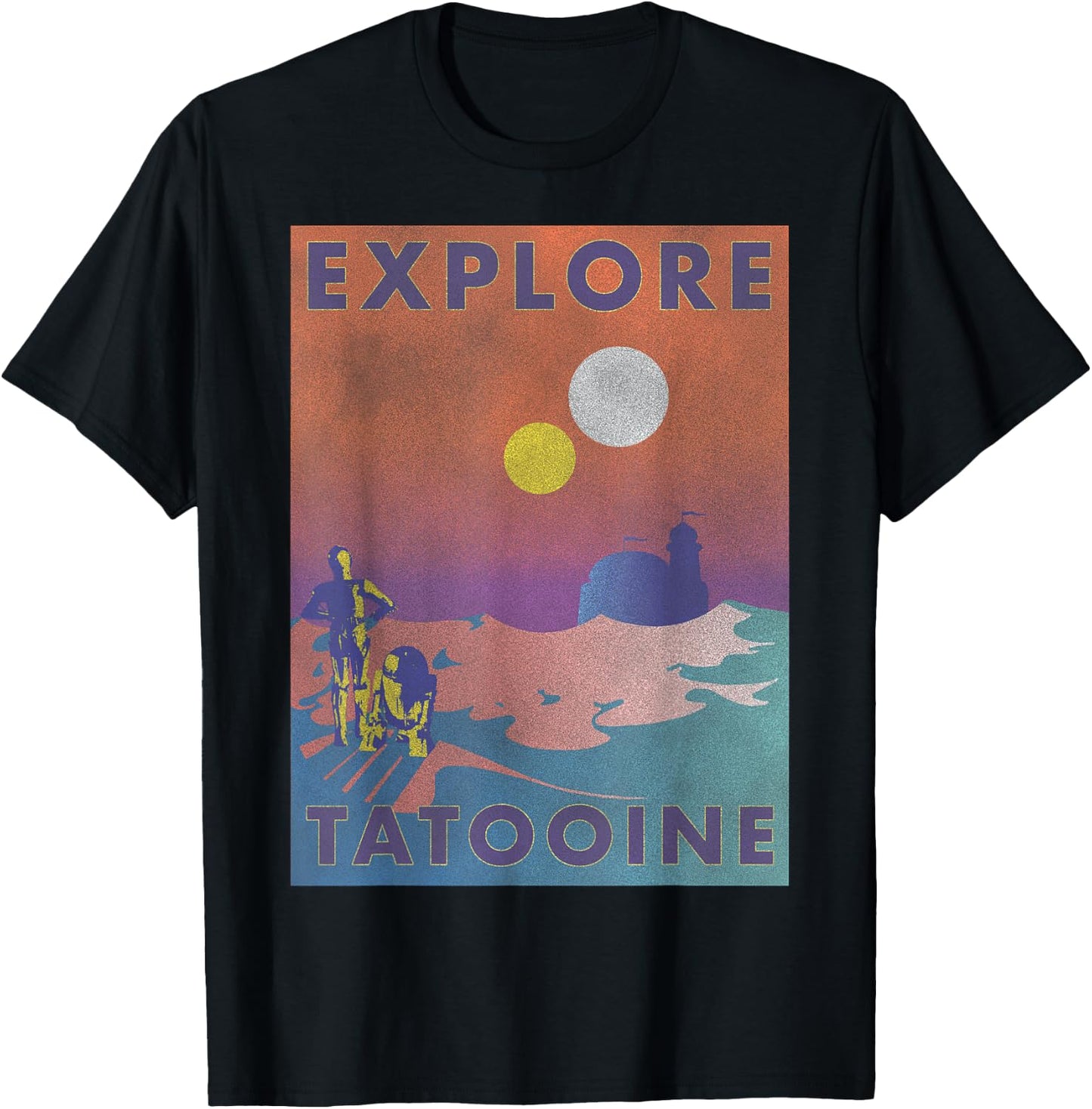 Star Wars Explore Tatooine Faded Retro C-3PO & R2-D2 Poster T-Shirt - T-Shirt | Black