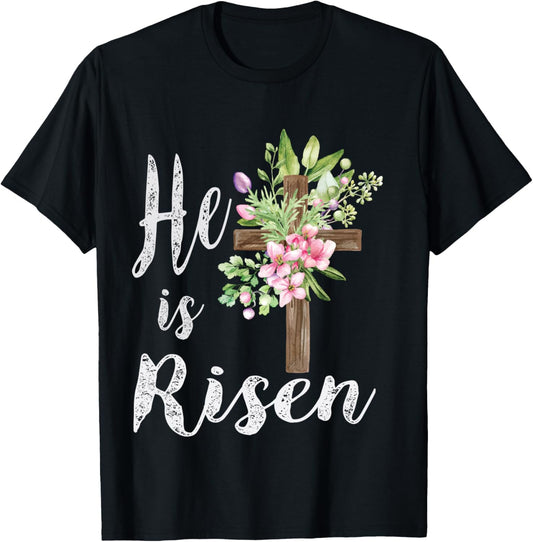 He is Risen Floral Cross Vintage Happy Easter T-Shirt - T-Shirt | Black