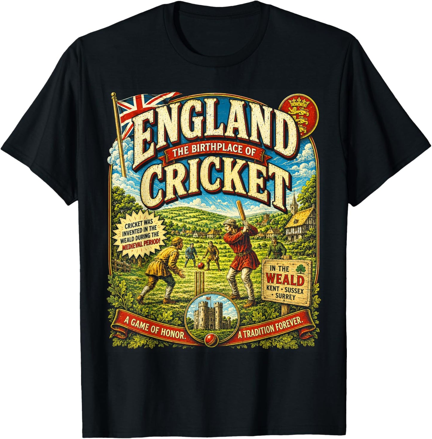England Cricket Vintage | Birthplace of Cricket Retro T-Shirt - T-Shirt | Black