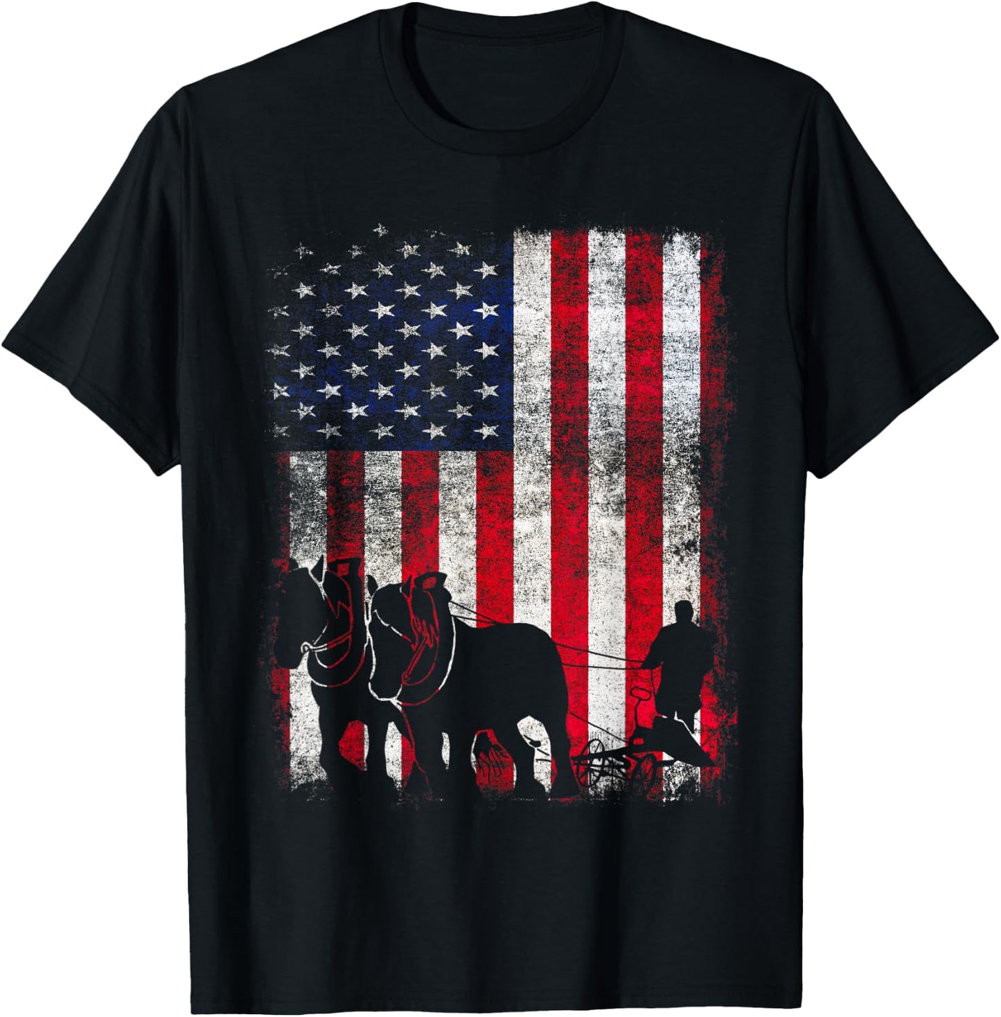 Draft Horse Patriotic American Flag Vintage Farmer Women Kids Men T-Shirt - T-Shirt | Black