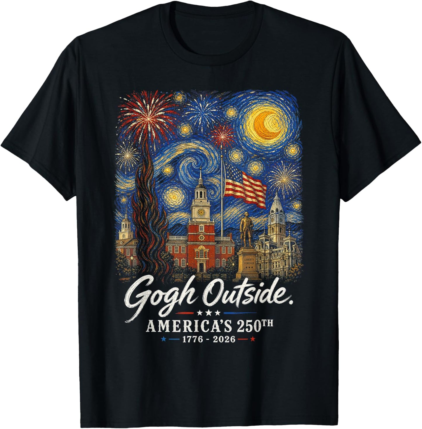Gogh Outside 250th Anniversary 1776 2026 Starry Night USA T-Shirt - T-Shirt | Black
