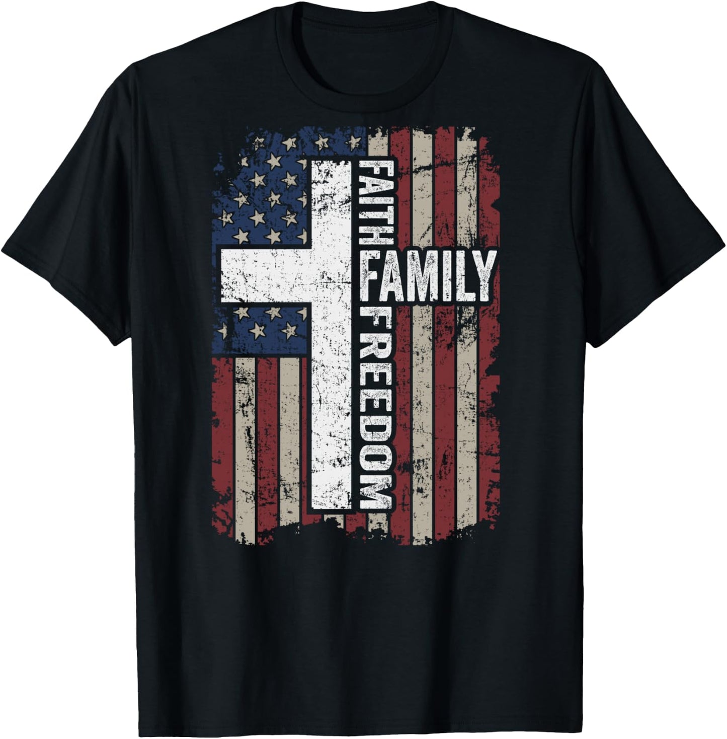 Faith Family Freedom - Christian Vintage USA Flag - ON BACK T-Shirt - T-Shirt | Black