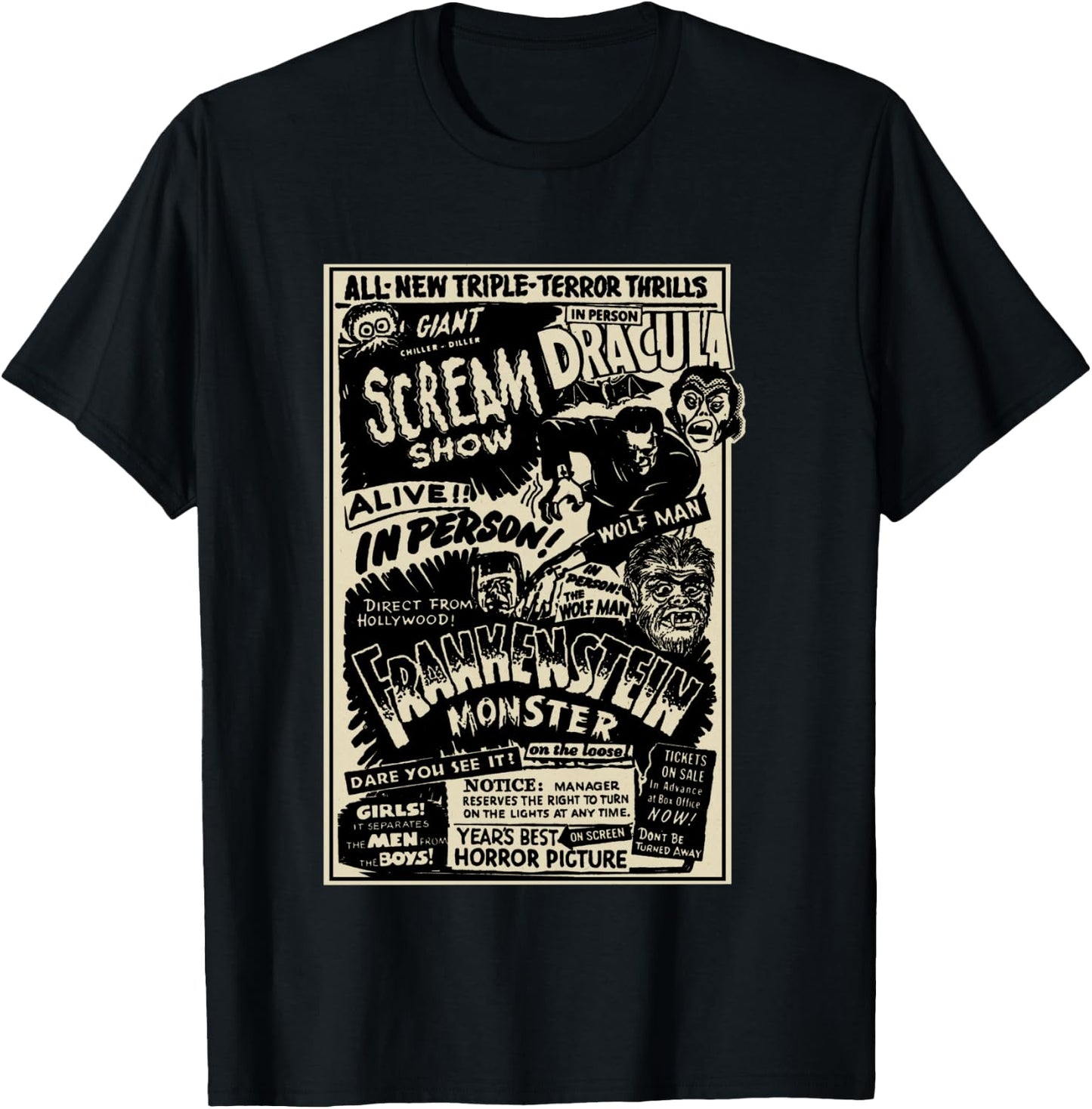 Horror Movie Monster Mummy Dracula Werewolf Frankenstein T-Shirt - T-Shirt | Black