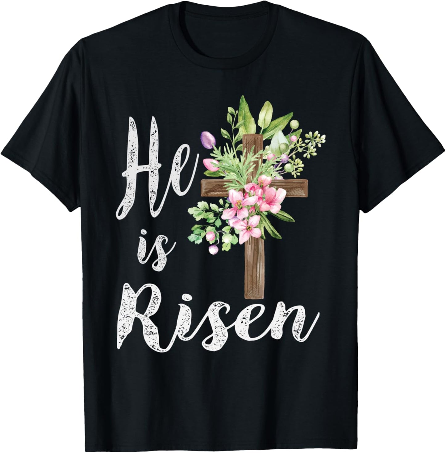 He is Risen Floral Cross Vintage Happy Easter T-Shirt - T-Shirt | Black