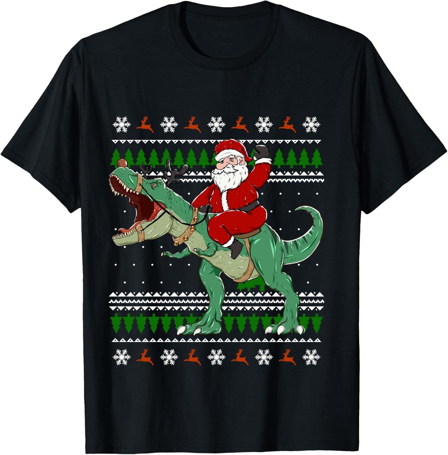 Santa Riding Dino | Funny Christmas Ugly Sweater T-Shirt - T-Shirt | Black