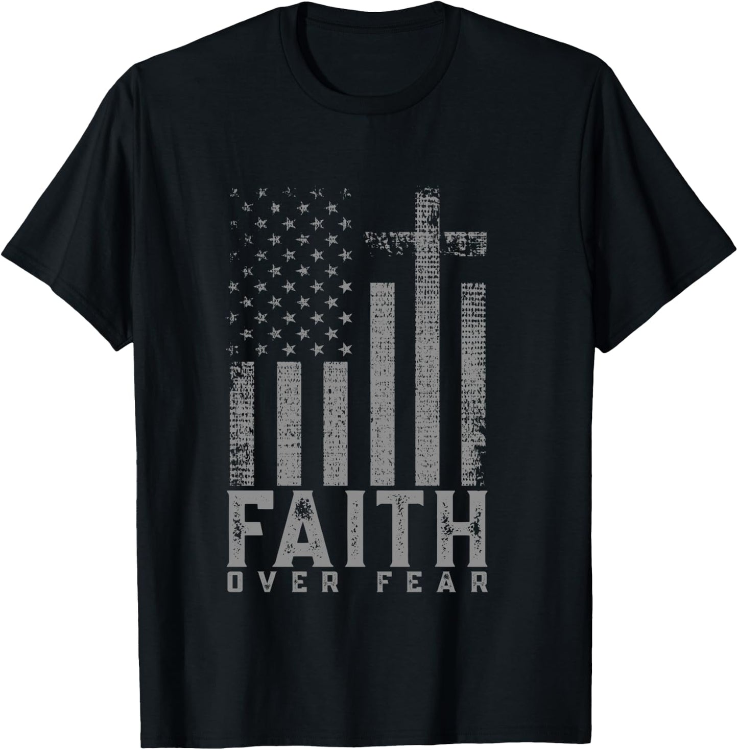 Faith Over Fear Cool Christian Cross American USA Flag T-Shirt - T-Shirt | Black