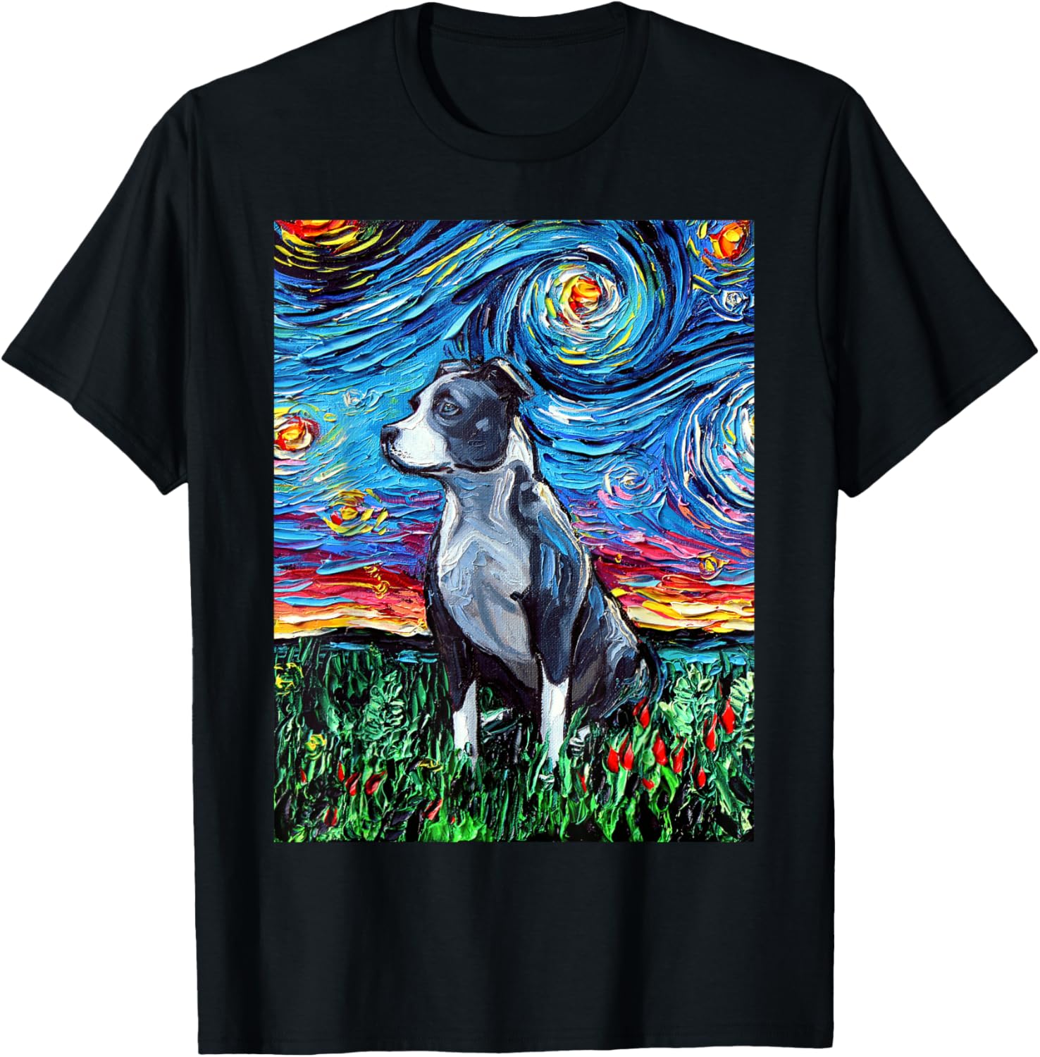 Aja Pitbull Starry Night Art Print T-Shirt - T-Shirt | Black