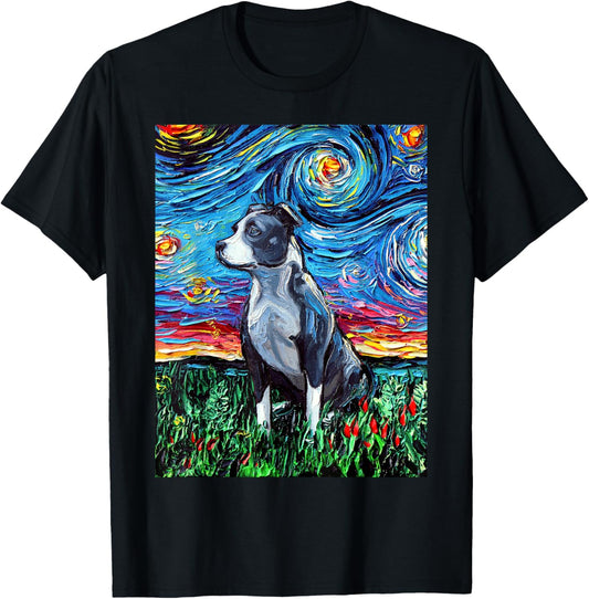 Aja Pitbull Starry Night Art Print T-Shirt - T-Shirt | Black