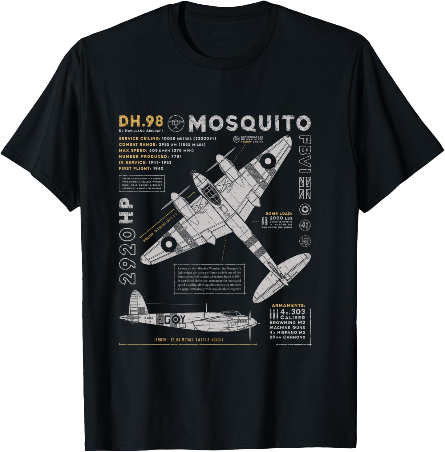 de Havilland Mosquito Fighter Bomber | British WW2 RAF DH.98 T-Shirt - T-Shirt | Black