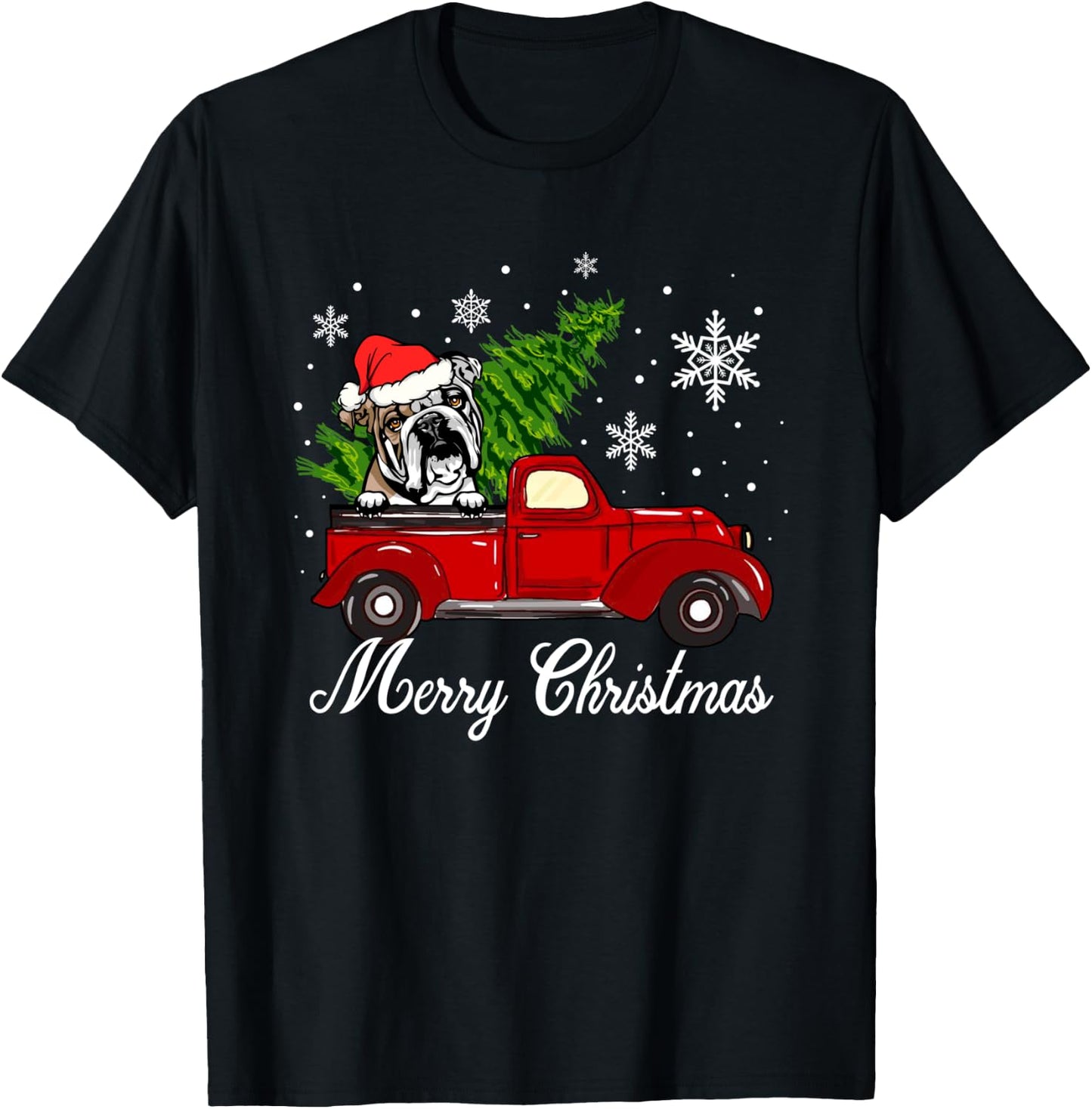 English Bulldog Dog Riding Red Truck Christmas Decorations T-Shirt - T-Shirt | Black