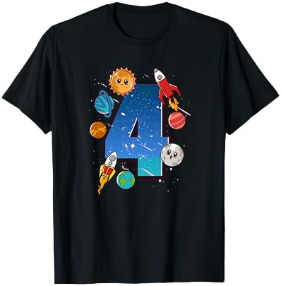 Boys 4th Birthday Party Outfit 4 Years Old Space Planets T-Shirt - T-Shirt | Black